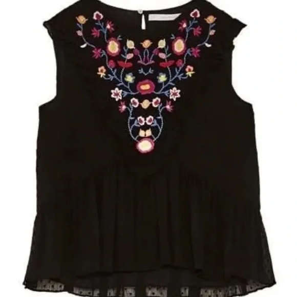 Zara Black Swiss Dot Embroidered Crop Peplum Sleeveless Top Blouse Small S - Picture 5 of 8